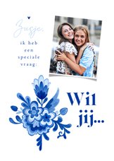 Getuige kaart delfts blauw bloemen stijlvol romantisch foto