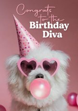 Grappig roze verjaardagskaartje met hondje met bril diva