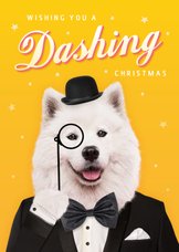 Grappige kerstkaart met hond in smoking - Dashing christmas!