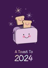 Grappige nieuwjaarskaart broodrooster toast vuurwerk paars