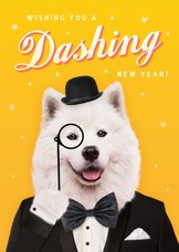Grappige nieuwjaarskaart met hond in smoking 'Dashing'