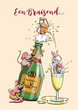 Grappige nieuwjaarskaart met leuke muizen en fles champagne