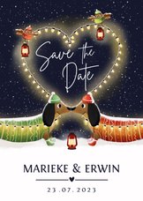 Grappige Save the Date kerstkaart met 2 teckels en hart