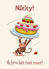 Grappige verjaardagskaart met aapje en een hele grote taart