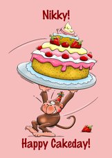 Grappige verjaardagskaart met aapje en een hele grote taart