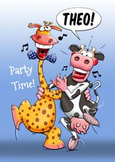 Grappige verjaardagskaart met dansende koe en giraf
