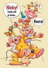 Grappige verjaardagskaart met een hele lange giraf en muizen