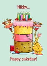 Grappige verjaardagskaart met grote taart