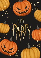 Halloweenfeest uitnodiging pompoenen goud party confetti