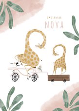 Hip geboortekaartje dag zusje giraffen fiets roze waterverf
