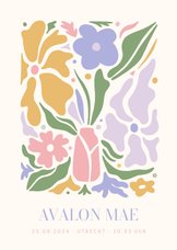 Hip geboortekaartje poster stijl met gekleurde bloemen