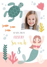 Hip kinderfeestje uitnodiging zeemeermin, schildpad en foto