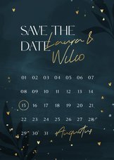 Hippe donkerblauwe save the date kalender met gouden hartjes