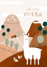 Hippe felicitatiekaart geboorte alpaca boerderij roze