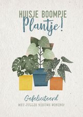 Hippe felicitatiekaart huisje boomje plantje met plantjes