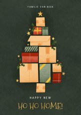 Hippe kerst verhuiskaart met kerstboom van dozen en sterren