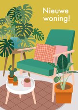 Hippe verhuiskaart met planten en stoel