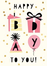 Hippe verjaardagskaart met taart, cadeau, hoed en ballon