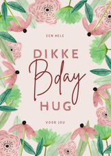 Hippe verjaardagskaart vrouw bloemenkader roze bday hug