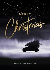Illustratie kerstkaart kerstboom met auto in watercolor