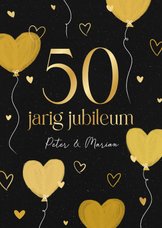 Jubileumkaart zwart met goud 50 jaar hartjes ballonnen
