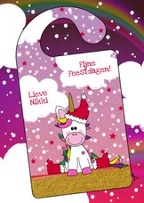 Kerst DIY vrolijke kerstkaart met unicorn deurhanger
