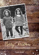 Kerst stoere stijlvolle foto kaart hout en witte sterretjes