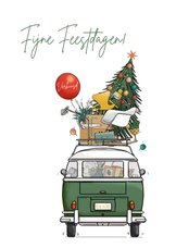 Kerst verhuiskaart achterkant busje met kerstboom 
