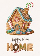 Kerst verhuiskaart gingerbread house huis snoep koekjes