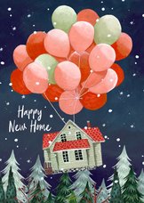 Kerst verhuiskaart huis en ballonnen met kerstbomen & sneeuw