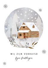 Kerst-verhuiskaart huis in de sneeuw