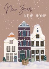 Kerst verhuiskaart huizen in sneeuw