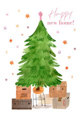 Kerst verhuiskaart kerstboom met verhuispakjes en sterren