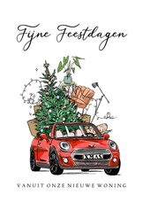 Kerst verhuiskaart met auto kerstboom en verhuisdozen