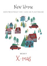 Kerst verhuiskaart met huisjes en auto in winterlandschap