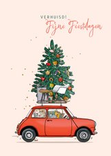 Kerst verhuiskaart mini rood met kerstboom