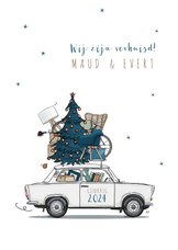 Kerst verhuiskaart Trabant wit met blauwe kerstboom