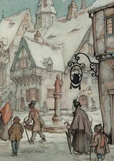 Kerstkaart - Anton Pieck winter plein met fontein