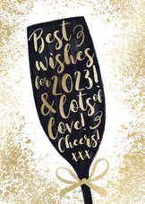 Kerstkaart 'Best Wishes' goudlook champagneglas strik