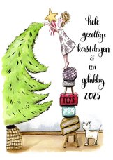 Kerstkaart de boom wordt opgetuigd