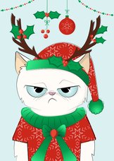 Kerstkaart humor chagrijnige kat in hele foute kerstoutfit 