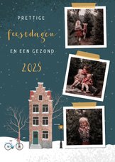 Kerstkaart illustratie van een huisje en drie foto's