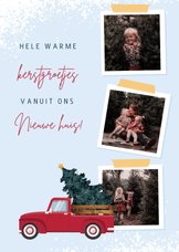 Kerstkaart illustratie van rode pickup en drie foto's