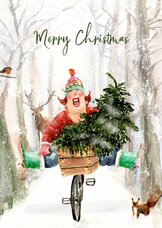 Kerstkaart kerstboom in de fietsmand
