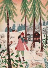 Kerstkaart meisje met konijnen in het bos