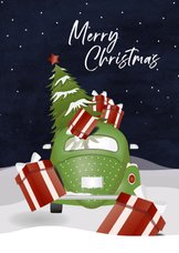 Kerstkaart met auto vol cadeautjes en een kerstboom