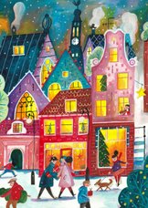 Kerstkaart met een illustratie van Amsterdam in de sneeuw