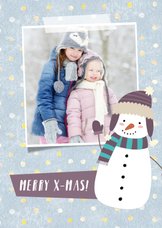 Kerstkaart met eigen foto, sneeuwpop illustratie en stippels