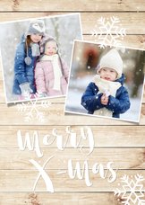 Kerstkaart met hout-look, eigen foto's & sneeuweffect