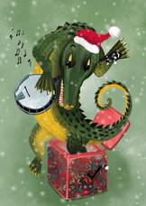 Kerstkaart met krokodil op banjo die zingt